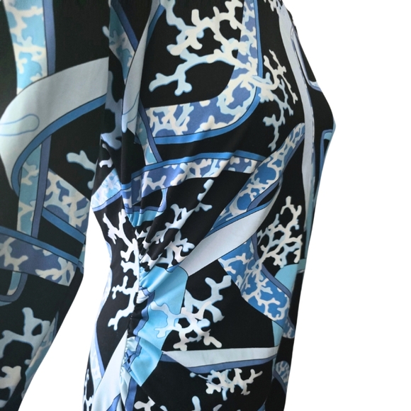 J. McLaughlin Catalina Dress Sage MEDIUM 3/4 Sleeve Blue White Geometric Coral - Picture 3 of 4